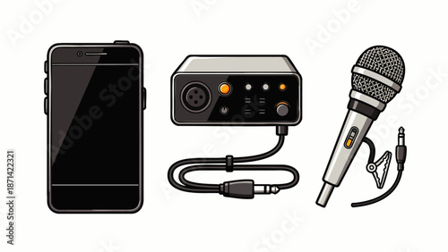 Mobile audio recording setup with smartphone, compact audio interface, and dynamic microphone for podcasting, music, and content creation.