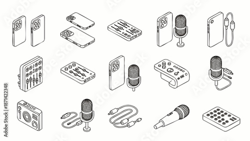 Isometric line icons set of audio recording and mobile technology with smartphones, microphones, and sound equipment for digital media production.