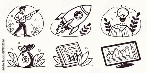 Collection of hand drawn business startup icons illustrating concepts like big ideas finance growth planning creativity and successful project launch execution