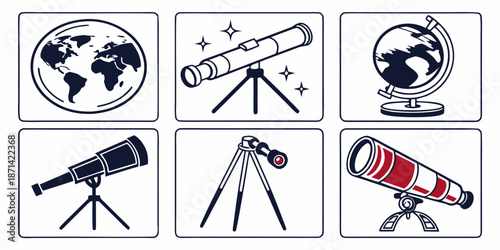Collection of six stylized icons representing telescopes astronomical equipment and terrestrial globes for concepts related to science and discovery