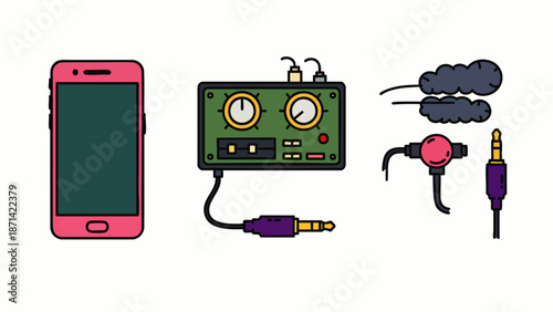 Flat vector illustration of mobile audio recording and music production gear. Smartphone, audio interface, microphone windscreens, and audio jacks.