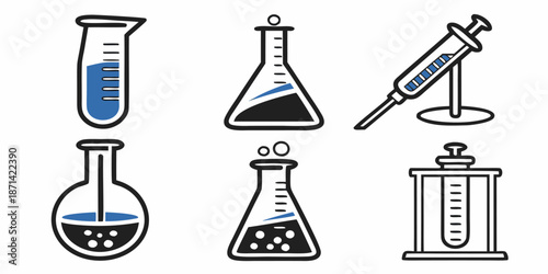 Set of six stylized black and blue line icons representing various essential laboratory glassware and scientific measuring equipment in a clean graphic arrangement