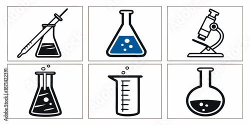 Collection of stylized science laboratory icons featuring various glassware like flasks beakers and a microscope for educational or research concepts