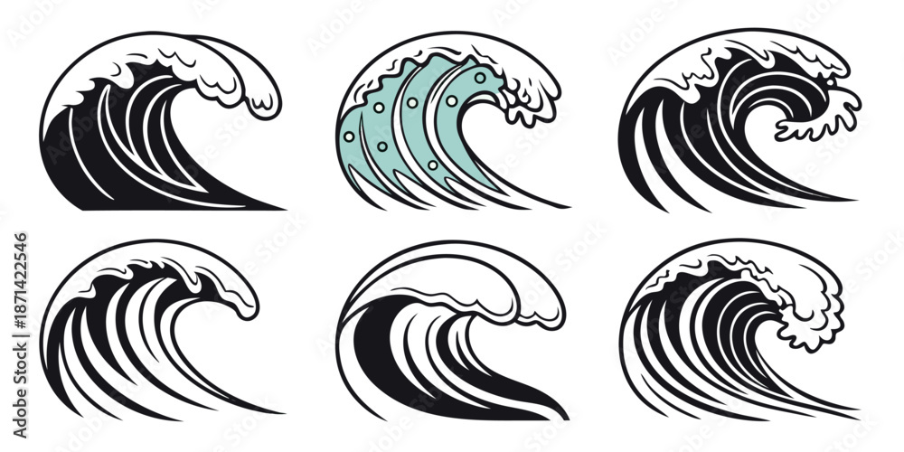 Fototapeta premium Collection of six stylized ocean wave icons featuring various graphic designs including solid black and aqua colored illustrations perfect for nautical themes