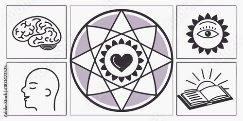 Abstract spiritual symbols illustrating balance between mind body heart intuition knowledge and enlightenment concepts for holistic wellness