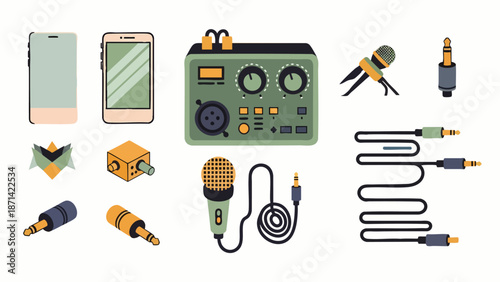 Modern audio recording and streaming equipment set: smartphones, microphones, audio interface, and cables for content creation, podcasting, and music production.