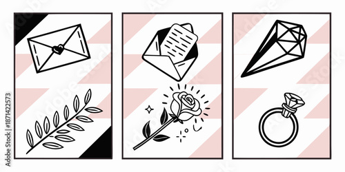Collection of romantic minimalist line art illustrations featuring love letters a sparkling rose a diamond and an engagement ring perfect for proposals