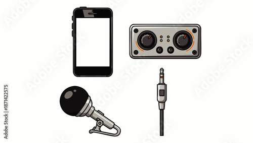 Digital audio recording equipment icons set: smartphone, portable mixer, clip-on microphone, and audio jack for mobile sound production and content creation.