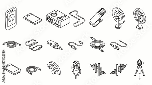 Isometric line art icons of podcasting and audio recording studio equipment, including microphones, smartphones, cables, and sound waves for digital media production.