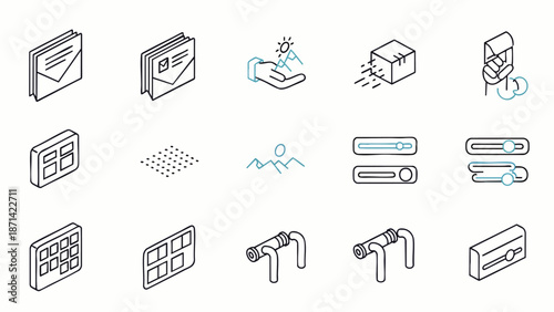 Isometric line icons set for web design, business, and digital interfaces. Modern outline symbols for UI/UX, applications, and technology projects.