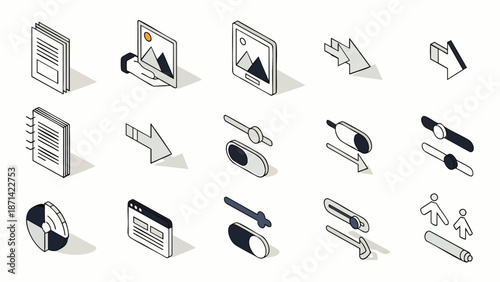 Isometric line icons set for modern user interface design, digital applications, and web development. Includes UI/UX elements, settings, and interactive tools.