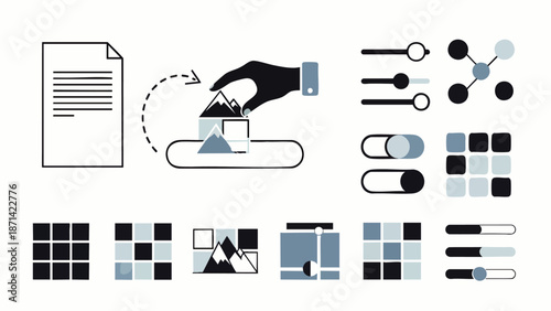 Digital content creation, data management, and user interface design concept. Modern vector illustration showing workflow, development, and abstract UI elements.