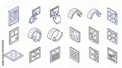 Collection of isometric line art icons for web design, UI/UX, and digital content development. Featuring user interface elements, interaction, and responsive layouts.
