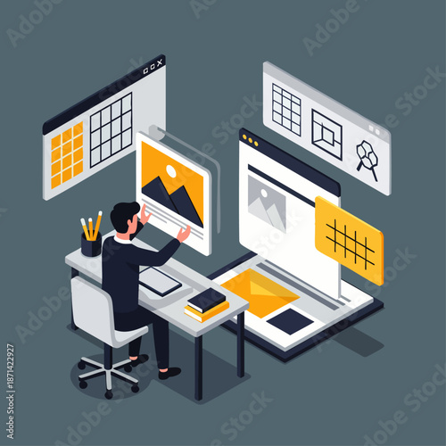 Isometric illustration of a male web designer working on multiple screens, creating user interfaces and web layouts. Digital creativity, UI/UX design, and technology concept.