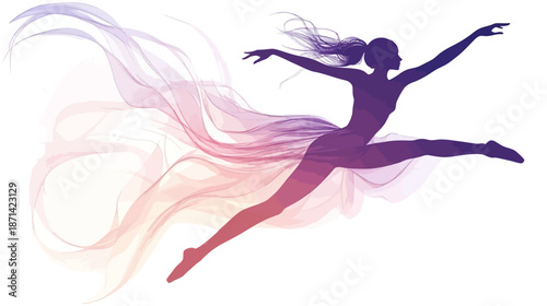 Graceful dancer leaping with flowing fabric trails