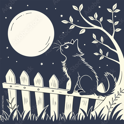Contented Fluffy Cat Silhouette Resting on a Wooden Fence, Peaceful Vector Graphic