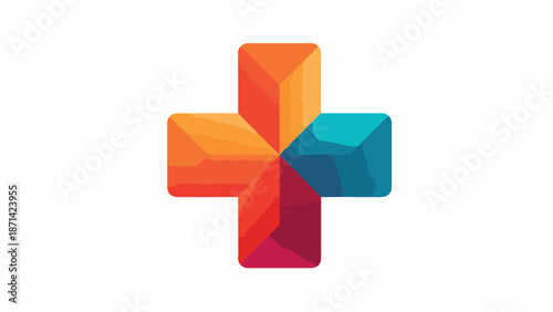 Modern abstract colorful geometric plus symbol representing health, well-being, addition, and positive growth in a vibrant, dynamic design concept