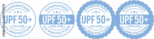 Set of Blue UPF 50+ UVA UVB UV Protection Guaranteed Vector Badges Isolated