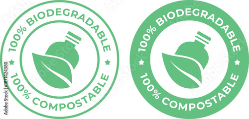 Green Vector '100% Biodegradable' and '100% Compostable' Labels with Eco Bottle and Leaf Icon