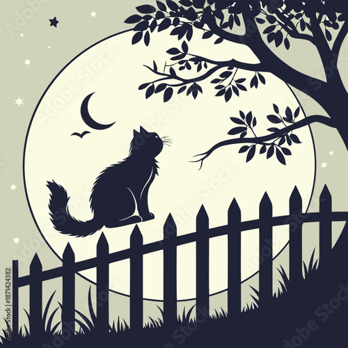 Serene Fluffy Cat Silhouette Relaxing on a Wooden Fence, Peaceful Vector Art
