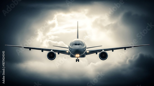 Airplane flying through cloudy sky with dramatic lighting conditions ahead