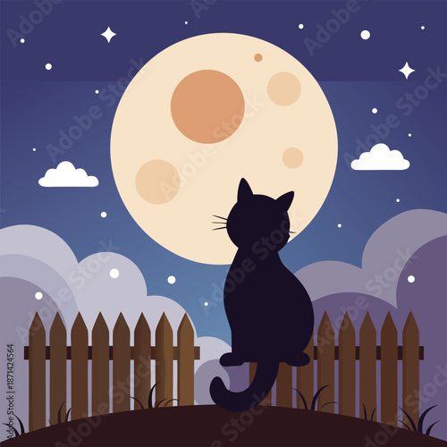 Relaxed Fluffy Cat Silhouette on a Wooden Fence, Gentle Vector Illustration