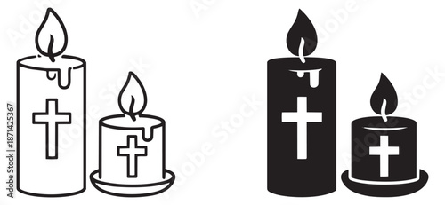 Stylized candle illustration set featuring cross symbols and burning flames for religious themes