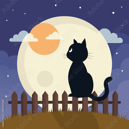 Fluffy Cat Silhouette Resting on a Wooden Fence, Minimalist Design