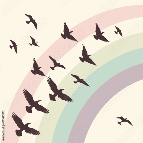 Flock of Small Birds Silhouette, Vector Graphic of Posed Avian