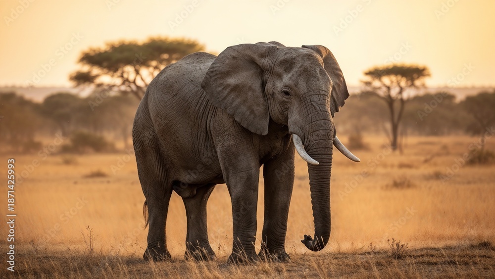 Fototapeta premium Realistic African elephant standing peacefully on an open savannah during warm sunset light, with detailed skin texture, natural colors, and a calm wildlife atmosphere.