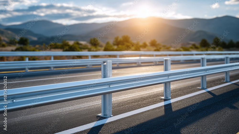 Fototapeta premium Cinematic daylight view of a shiny metal guardrail along an open road, warm sunlight reflections, minimalistic composition, symbol of safe travel and infrastructure investment