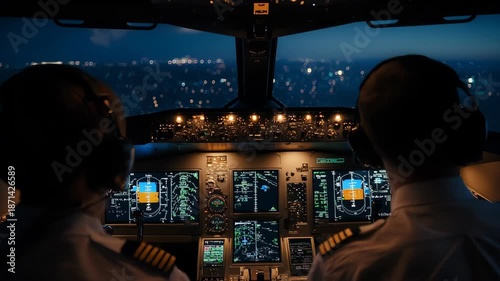 Cockpit view at night with pilots navigating urban lights