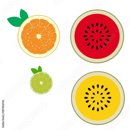 Ilustration of fruits such as oranges, lemons, and yellow and red watermelons.