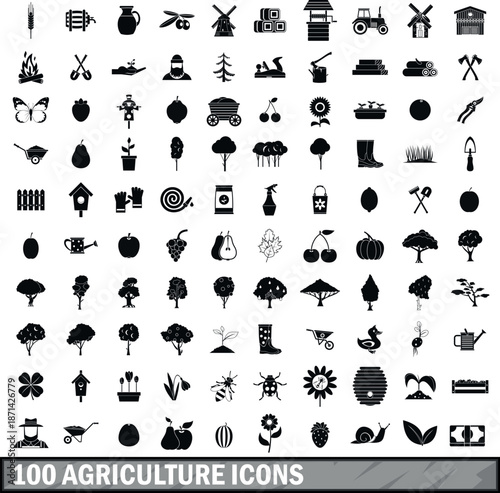 100 agriculture icons set in simple style