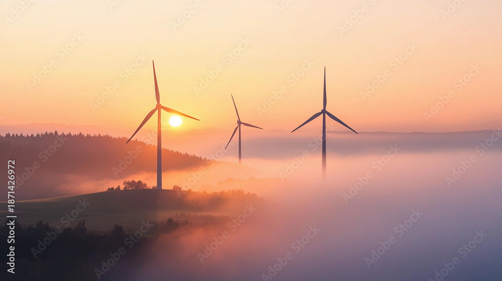 Obraz premium Silhouetted wind turbines emerging from fog at sunrise in a serene landscape Generative AI