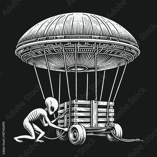 Alien Unloading Cargo from a Suspended Flying Saucer.