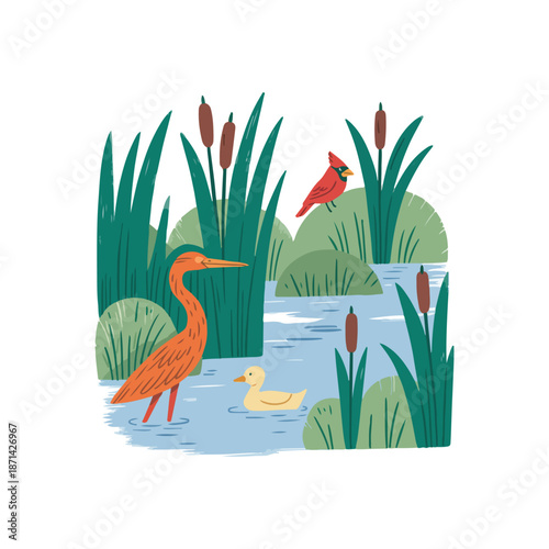 Storybook Wetland with Reeds and Birds Icon