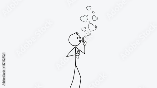 Playful Stick Figure Blowing Heart-Shaped Bubbles, Expressing Love and Lightheartedness, on a Light Grey Background.