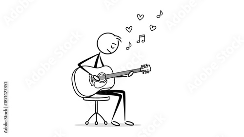 Stick Figure Playing Guitar with Musical Notes and Hearts, Isolated White Background