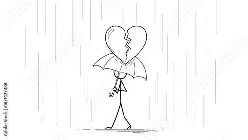 Sad Stick Figure Holding Umbrella Over Broken Heart in Rain, Isolated White Background