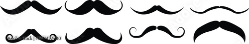 Mustache set with different style. Black silhouette of adult man mustaches. Symbol of Father day. Vector illustration. Moustache for men face