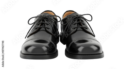 Pair of black leather oxford dress shoes for men, front view isolated on transparent background