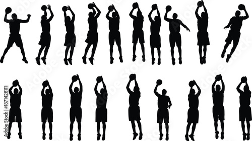 Collection of black vector silhouettes featuring basketball players jumping and shooting ball, isolated on white background for sport design.