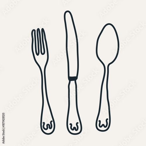 Ancient cutlery set, hand drawn fork, table knife, spoon, old style dining flatware tools, morning serving in sketch doodle style isolated on white background flat vector illustration.