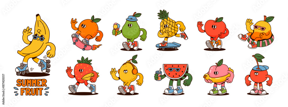 Obraz premium Fruit characters. Summer funky mascots. Cartoon retro juicy strawberry, apple, happy cherry, peach, pineapple, watermelon, lemon, orange. Comic food. Vector set