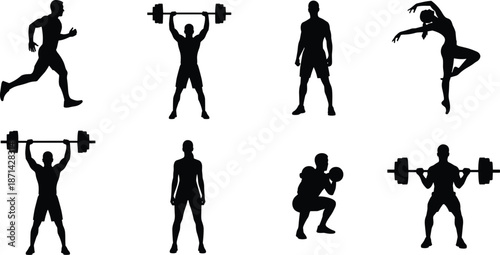 Collection of black vector silhouettes featuring people exercising, running, dancing, and lifting weights, isolated on white background for fitness design.