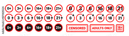 Age censor icons. Age limit signs. Circular badges with numeric restrictions. Age rating symbols 18, 16. Censorship symbol for media, films, video games. Vector set