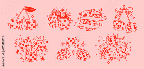 Lucky dice. Retro dice roll. Hand drawn vintage nostalgic red cherry with ribbon, bow, fire dices with explosion, splashes, and stars. Lucky elements for poster. Vector set