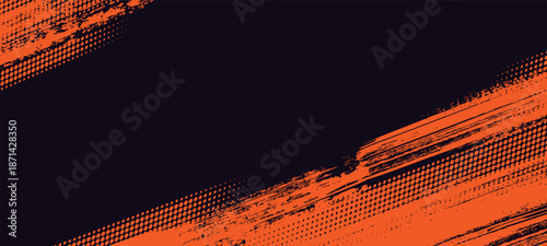 Halftone and brush banner. Abstract background. Color geometric dots texture, grunge paint brushes pattern, ink strokes for speed sport style design. Vector template