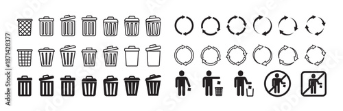Trash icons. Garbage can symbols. Recycle bin, trash basket sign for delete, remove, clear action. Recycling waste icon. Flat outline toolbar and interface vector graphics